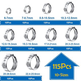 115PCS Single Ear Hose Clamps with Ear clamps plier Assortment Kit 6-28.6mm Crimp Hose Clamps for Pipe, Fuel Line Crimp Clamps