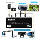 8K 60Hz HDMI 2.1 Audio Extractor Video Converter 4K 120Hz Support 7.1 CH Dolby Atmos Digital 3.5mm R/L Stereo Sound for PS5 XBox