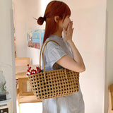 LEFTSIDE Small Solid Color Weave Tote Bags for Women 2025 Fashion Summer Shoulder Bags Simple Handbags Hollow Out Beach Bag