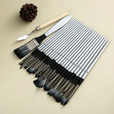 Cloth Roll 24Pcs Artist Paint Brushes Set Nylon Hair with Scraper Watercolor Brush Pen Delicate Wooden Handle