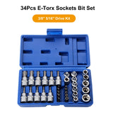 Professional 34pcs Torx Bit Socket & E-Torx Star Socket Set 3/8'' 5/16'' Drive Kit ith Storage Box Handheld Tool