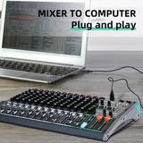 PA12 12-Channel Professional Audio Mixer Video Lighting Console MP3 Computer Input 99 Built-In Reverb Effects Audio Mixing