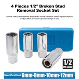 4-Piece Stud Extractor Set with 12.5mm Square Drive, 6/8/10/12mm Sizes, Includes Carrying Case