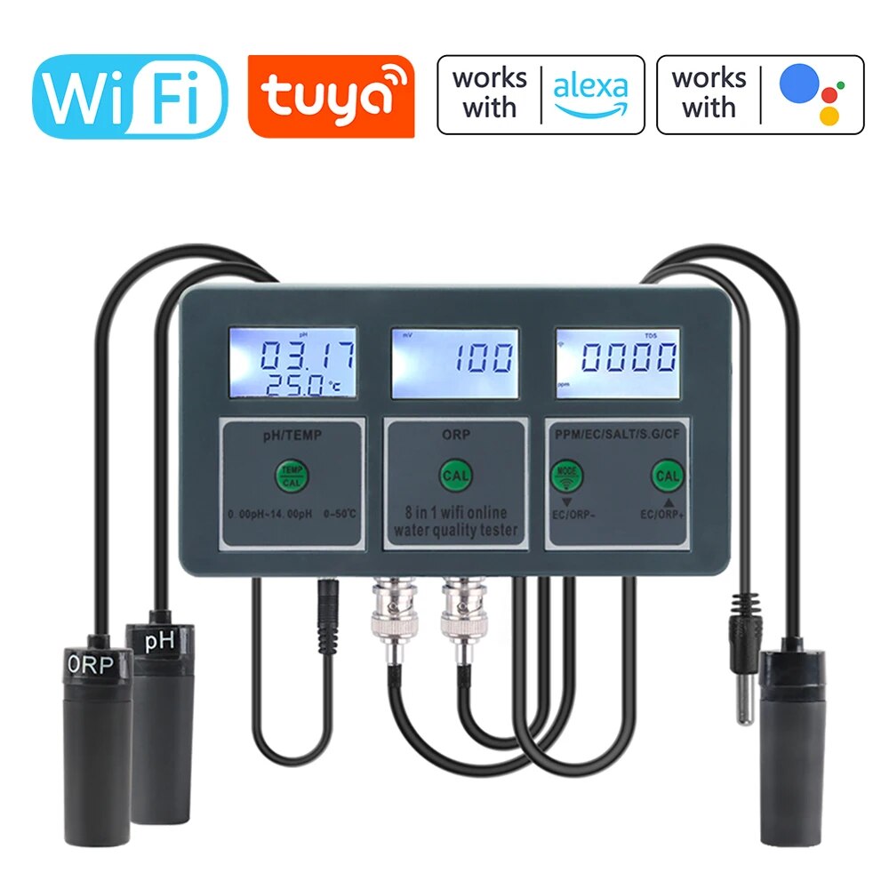 Tuya 8-In-1 Digital WiFi Water Quality Tester PH EC TDS SALT SG