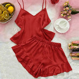 Two Pieces Sexy Pajama Set V-Neck Women Solid Color Silk Satin Spaghetti Homewear Loungewear Ruffled Female Home Clothes