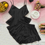 Two Pieces Sexy Pajama Set V-Neck Women Solid Color Silk Satin Spaghetti Homewear Loungewear Ruffled Female Home Clothes