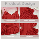 Two Pieces Sexy Pajama Set V-Neck Women Solid Color Silk Satin Spaghetti Homewear Loungewear Ruffled Female Home Clothes