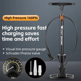 WEST BIKING 160 Bicycle Floor Pump With Pressure Gauge Labor-Saving Aluminum Alloy Tire Inflator For MTB Road Bike E-Bike