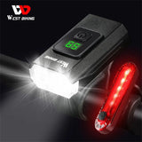 WEST BIKING Bicycle Front And Rear Lights Set Digital Power Display Waterproof Dual LED Headlights Rechargable Bike Tail Light