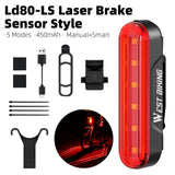 WEST BIKING Laser Bicycle Rear Light Brake Sensor Smart Taillights High Visibility Rechargeable LED Helmet Light Bike Accessorie