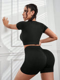 Women Seamless Workout Set 2 Piece High Waisted Yoga Outfits Short Sleeve Crop Top with Running Shorts Gym Activewear