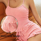 Women Sleepwear Shorts Set Pajamas O-Neck Top And Shorts For Women Pajamas Set Sweet Sexy Sleeveless Suspender Homewear