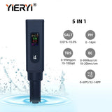 Yieryi 5 in 1 PH Water Quality Tester Digital Salinity Meter EC TDS TEMP Monitor Rechargeable Test for Driking Water Farm Pool