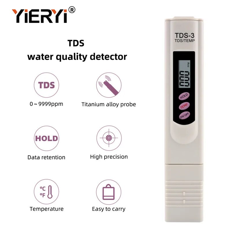 Yieryi TDS Meter Digital TDS-3 Filter Water Quality Purity Aquarium Tester 0-9990ppm for Drinking Water Aquariums Hydroponics