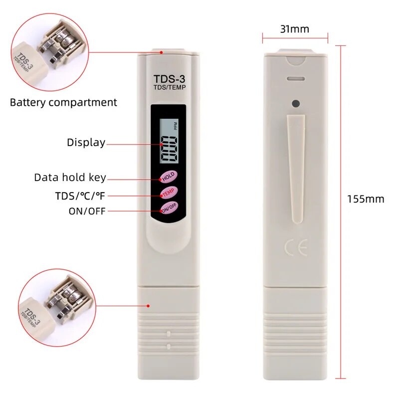 Yieryi TDS Meter Digital TDS-3 Filter Water Quality Purity Aquarium Tester 0-9990ppm for Drinking Water Aquariums Hydroponics