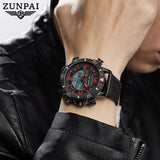 ZUNPAI Men's Watch Waterproof Stainless Steel Quality Leather Sports Watches Men Multifunction Chronograph Analog LED Wristwatch