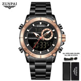 ZUNPAI Original Men's Watch Top Brand Luxury Leather Sports Watch Gold Black Men Quartz LED Digital Clock Waterproof Military