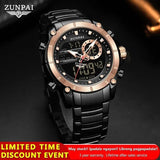 ZUNPAI Original Men's Watch Top Brand Luxury Leather Sports Watch Gold Black Men Quartz LED Digital Clock Waterproof Military