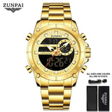 ZUNPAI Original Men's Watch Top Brand Luxury Leather Sports Watch Gold Black Men Quartz LED Digital Clock Waterproof Military