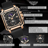ZUNPAI Original Watch for Men's Waterproof Stainless Steel Leather Strap Quartz Fashion Sports Chronograph Square Wristwatches
