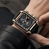 ZUNPAI Original Watch for Men's Waterproof Stainless Steel Leather Strap Quartz Fashion Sports Chronograph Square Wristwatches