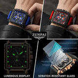 ZUNPAI Original Watch for Men's Waterproof Stainless Steel Leather Strap Quartz Fashion Sports Chronograph Square Wristwatches