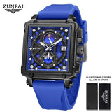 ZUNPAI Original Watch for Men's Waterproof Stainless Steel Leather Strap Quartz Fashion Sports Chronograph Square Wristwatches