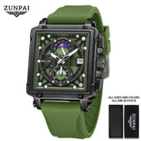 ZUNPAI Original Watch for Men's Waterproof Stainless Steel Leather Strap Quartz Fashion Sports Chronograph Square Wristwatches