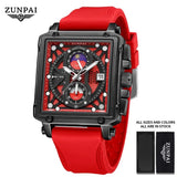 ZUNPAI Original Watch for Men's Waterproof Stainless Steel Leather Strap Quartz Fashion Sports Chronograph Square Wristwatches