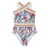 European And American One-piece New Swimsuit Knitted Belt Printed Halter