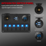 Waterproof Car Rocker Panel 6 Gang Toggle Switch 12 Volt Blue LED Lights USB Cigarette Lighter Socket Voltmeter