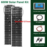 600W/300W Flexible Solar Panel Kit with 12V Battery Charger - Monocrystalline Cell Solar System for Outdoor Camping, Yacht, Car, RV, Boat