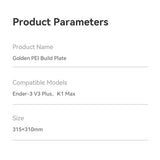 Creality Gold PEI Powder Coating Build Plate for Ender-3 V3 Plus /K1 Max 3D Printers Flexible Spring Steel Platform 315×310mm