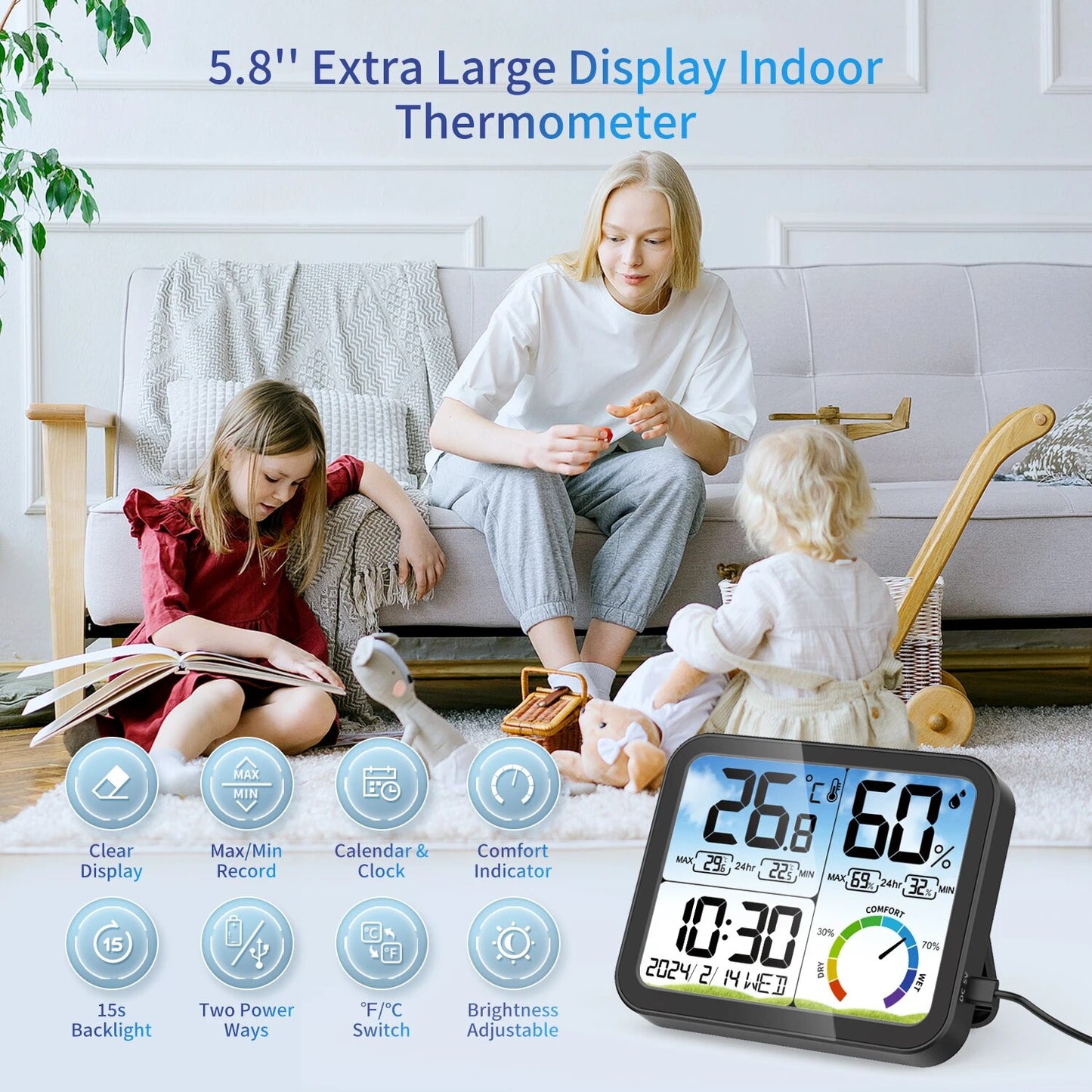 Digital Indoor Room Thermometer 5.8'' Extra Large Display Temperature Sensor with Accurate Temp Humidity Gauge Monitor