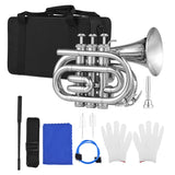 Bb Mini Pocket Trumpet - With Mouthpiece, Carry Bag, Gloves, Cleaning Cloth, Brass Instrument