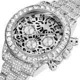 PINTIME Watch for Men Stainless Steel Strap Fashion Quartz Wristwatch Leopard Print Dial Waterproof 30M Diamond Case Reloj Hombr