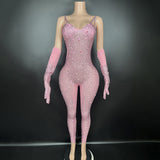Jumpsuit coswear slim fit yoga exercise pants jumpsuit full diamond temperament tight fitting suit long sleeves