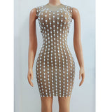 New Fashion Short Dress Sexy Tight Mesh Perspective Temperament Wrapped Hips Full of Water Diamonds