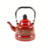 1pc 1.1L Enamel Hot Water Kettle Household Enamel Geometric Print Memory Flower Target Ancient Clock Kettle