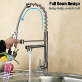 Crane Tap with Dual Spout Hot Cold Water Mixer Kitchen Sink Faucet Brass Pull Down Spring Dual Swivel Spouts Deck Mounted