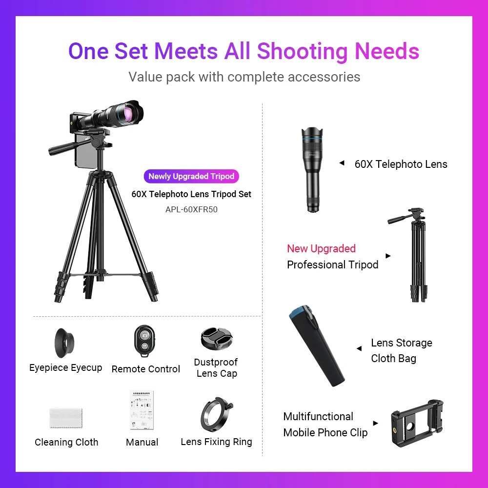 APEXEL 60X Mobile Phone Telescope Astronomical Telephoto Zoom Lens With Extendable Tripod for iPhone Samsung All Smartphone