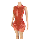Internet famous red temperament short skirt with fine glitter and small diamonds, sexy buttocks, slim appearance without sleeves