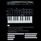 M-Vave 25 Key Usb Midi Keyboard Controller Mini Portable Usb Keyboard Piano Controller with 8 Backlit Drum Pads Dynamic Keybed