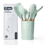 12PCS Silicone Kitchenware Non-Stick Cookware Kitchen Utensils Spatula Shovel Egg Beaters Wooden Handle Cooking Tool Set