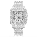 PINTIME Luxury Men's Crystal Watch Full Bling Diamond Analog Quartz Watches for Man Stainless Steel Strap Waterproof Wristwatch
