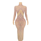 Light pink rhinestones with elegant temperament, female singer stage dress, sexy skin tone, full diamond luxury, noble and slim fit