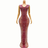 Sleeveless temperament evening sexy deep V pink sparkling diamond design sense dress