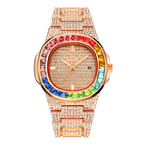 PINTIME Watch for Men Waterproof 3ATM Bling Iced Out Colored Diamond Case Fashion Quartz Wristwatch Stainless Steel Strap Clock