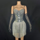 Sexy suspender gloves with full diamond sequins, tassel design on the skirt hem, stylish and buttocks wrapped nightclub bar jumpsuit
