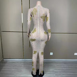 Sexy and shiny rhinestone with printed pattern, women's evening dress, fishtail long dress